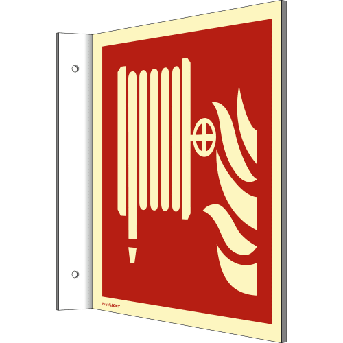 Fahnenschild Löschschlauch nach DIN EN ISO 7010 mit rotem Hintergrund und gelbem Symbol eines aufgerollten Löschschlauchs und Flammen