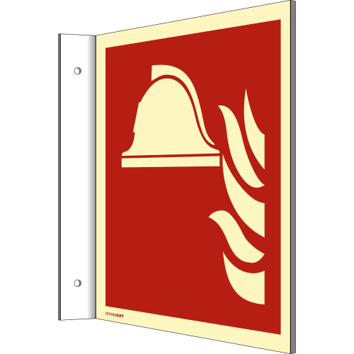 Fahnenschild Mittel und Geräte zur Brandbekämpfung nach DIN EN ISO 7010 mit Feuerwehrhelm und Flammen Symbol