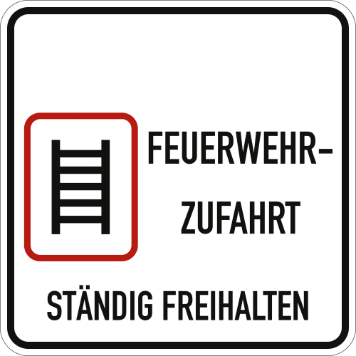 Feuerwehrzufahrt Schild mit Text 'Feuerwehrzufahrt ständig freihalten' und Symbol einer Leiter in rotem Rahmen