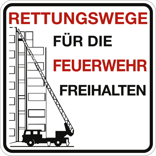 Schild Rettungswege für die Feuerwehr freihalten mit Feuerwehrfahrzeug und Leiter vor einem Gebäude