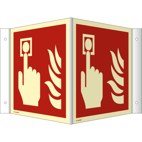 Nasen-Winkelschild Brandmelder ISO 7010 mit Hand und Flammen Symbol auf rotem Hintergrund