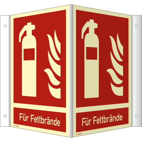 Nasen-Winkelschild Feuerlöscher für Fettbrände mit ISO 7010 Symbol in Rot und Beige