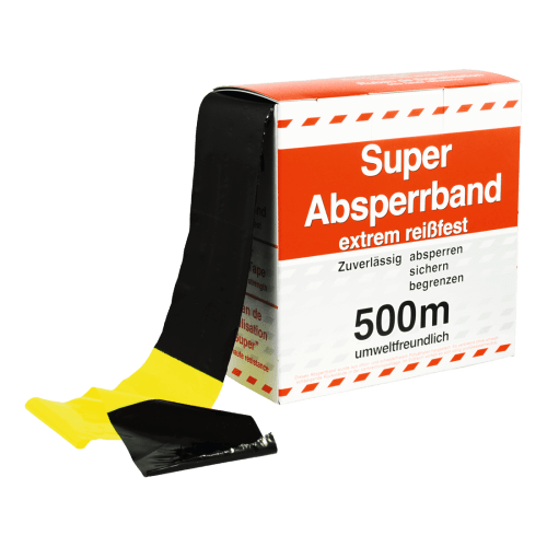 Super Absperrband extrem reißfest 500m umweltfreundlich gelb schwarz auf Rolle