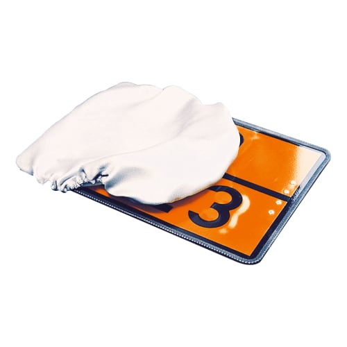 Feuerfeste Abdeckhaube aus weißem Material auf oranger Warntafel mit schwarzer Nummer