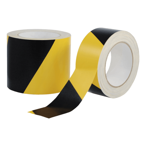Warnmarkierungsband aus Zellwollgewebe in schwarz-gelber rechtsweisender Diagonalmusterung, Rolle mit teilweise abgewickeltem Band