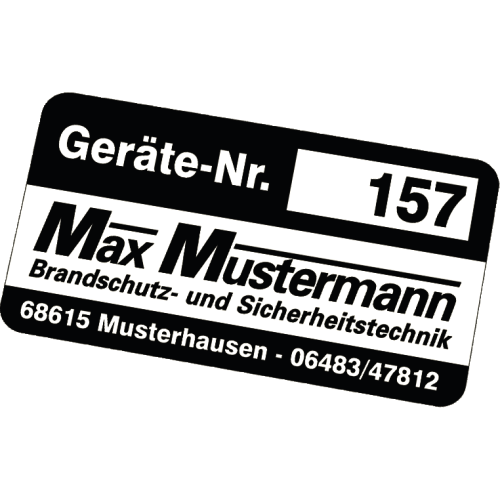 Nummerierte Inventaretiketten auf Rolle, weiß, selbstklebend mit Geräte-Nr. 157 und Max Mustermann Brandschutz- und Sicherheitstechnik