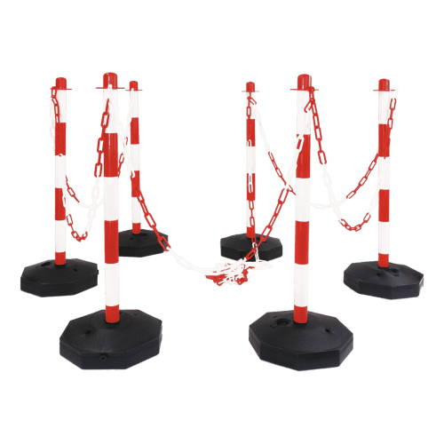 Kettenständer Kettenpfosten-Set MONZA mit rot-weißen Pfosten und schwarzen Sockeln, verbunden durch rot-weiße Ketten