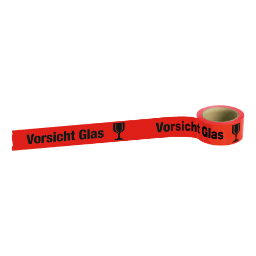 Rotes Paketband mit schwarzem Warnhinweis 'Vorsicht Glas' und zerbrechliches Glas-Symbol