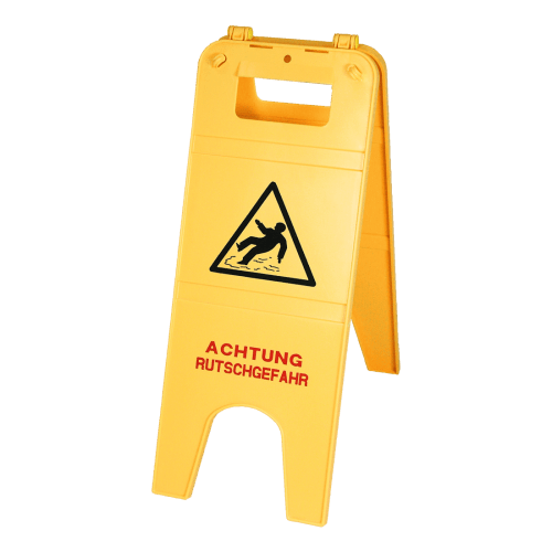 Gelber Warnaufsteller SOLID mit integriertem Griff und Haken, Warnung vor Rutschgefahr mit Piktogramm einer ausrutschenden Person