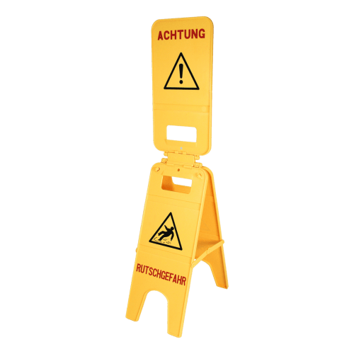 Gelber Warnaufsteller SOLID mit integrierten Haken, aufklappbar, mit Warnhinweisen Achtung und Rutschgefahr
