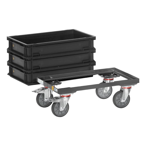 FETRA ESD-Eurokasten-Roller 93580 mit offenem Rahmen und vier Lenkrollen, Tragkraft 250 kg, mit drei schwarzen Eurokästen