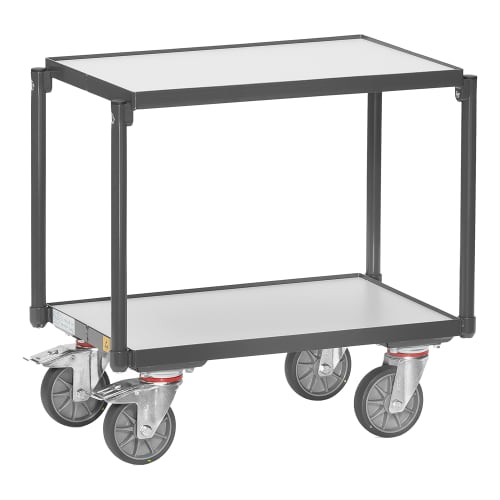 FETRA ESD-Etagenroller 93540 mit 2 Holzbodenplatten und Rand, Tragkraft 250 kg, grauer Metallrahmen und graue Lenkrollen