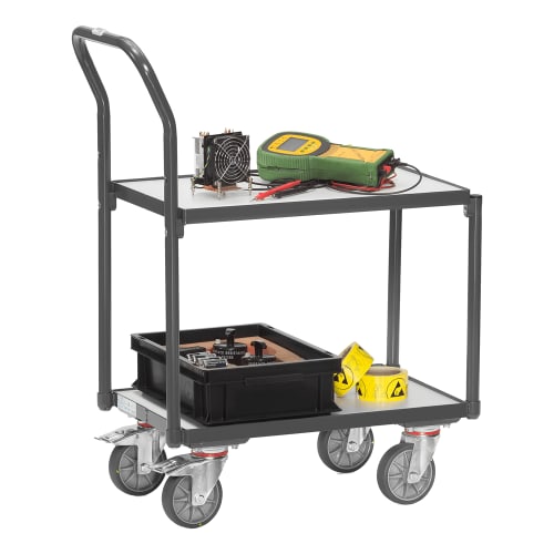 FETRA ESD-Etagenroller 935400 mit 2 Holzbodenplatten, Rand und Schiebebügel, Tragkraft 250 kg, mit Werkzeug und Messgerät