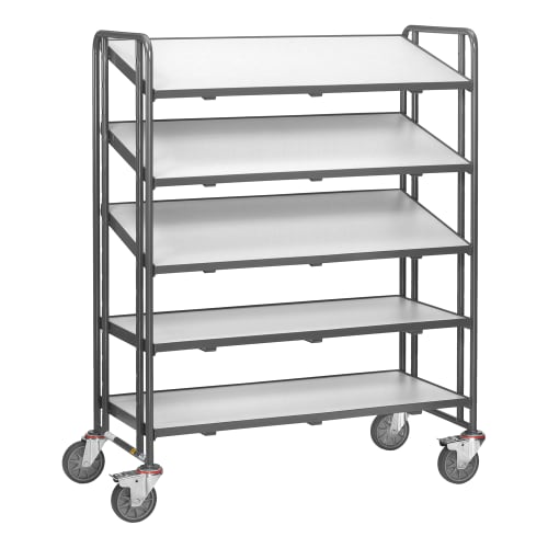 FETRA ESD-Eurokastenwagen 9384 mit 5 Holzbodenetagen und 300 kg Tragkraft, fahrbarer Metallwagen mit grauen Holzablagen