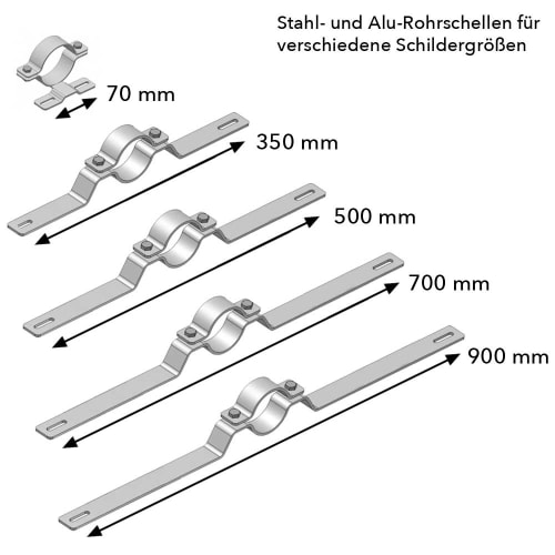 Rohrschellen aus Stahl und Aluminium in verschiedenen Größen 70 mm, 350 mm, 500 mm, 700 mm und 900 mm für Schilderbefestigung