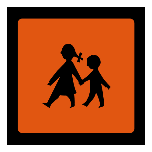 Schulbusschild starr nach BOKraft mit Symbol von zwei Kindern auf orangefarbenem Hintergrund