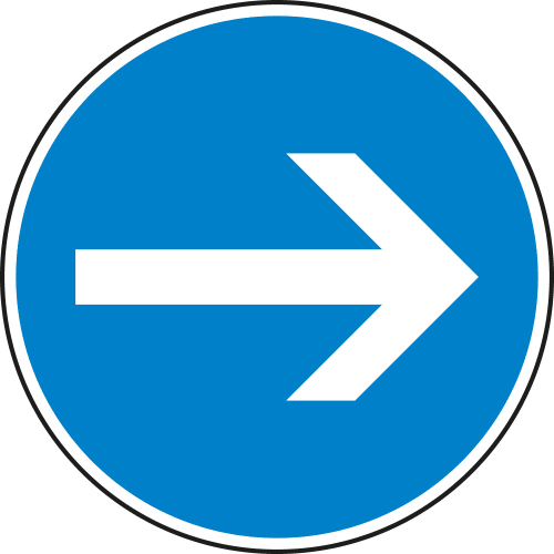 Vorgeschriebene Fahrtrichtung hier rechts Verkehrsschild VZ 211 blaues rundes Schild mit weißem Pfeil nach rechts