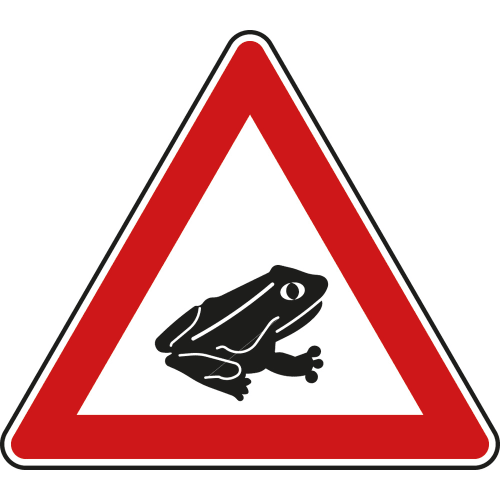 Verkehrsschild Amphibienwanderung mit Frosch-Symbol und rotem Dreieck