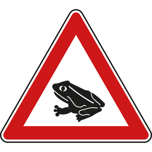 Verkehrsschild Amphibienwanderung mit Frosch-Symbol und rotem Dreieck