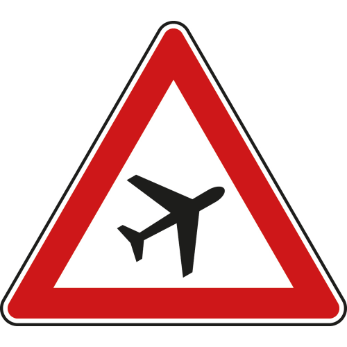 Verkehrsschild Flugbetrieb Aufstellung links mit rotem Dreieck und schwarzem Flugzeugsymbol