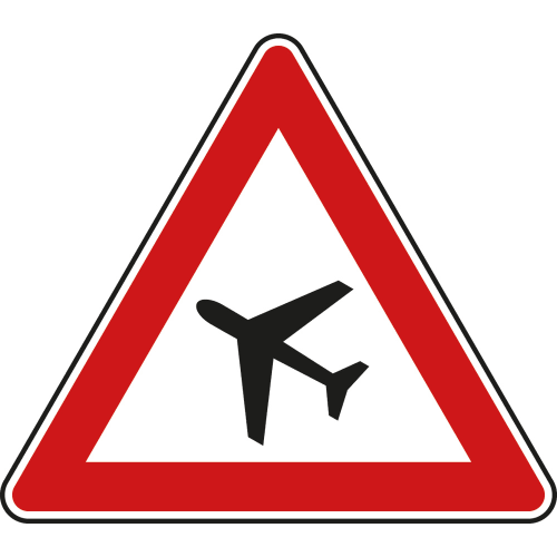 Verkehrsschild Flugbetrieb Aufstellung rechts mit rotem Dreieck und schwarzem Flugzeugsymbol