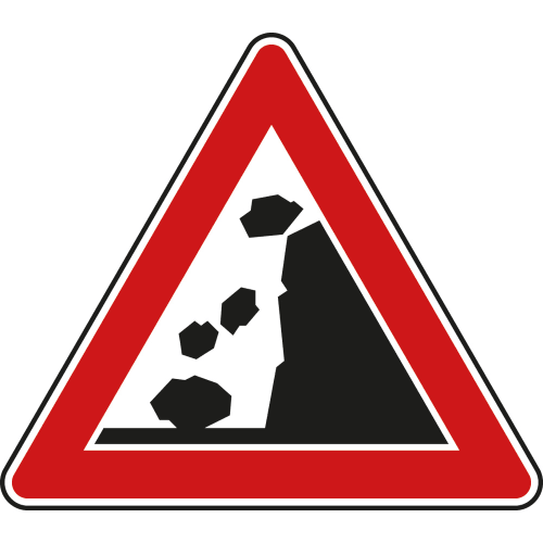 Verkehrsschild Steinschlag Warnung mit rotem Dreieck und fallenden Steinen