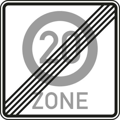Ende einer Tempo 20-Zone Verkehrsschild VZ 274.2-20 mit durchgestrichener 20 und ZONE Schrift