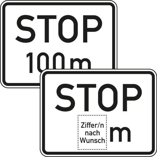 Verkehrsschild Stop in 100 m VZ 1004-32 mit schwarzem Rand und Text auf weißem Hintergrund