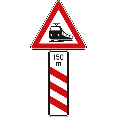 Verkehrsschild Bahnübergang mit dreistreifiger Bake und Entfernungsangabe 150 Meter, Aufstellung links, VZ 156-21