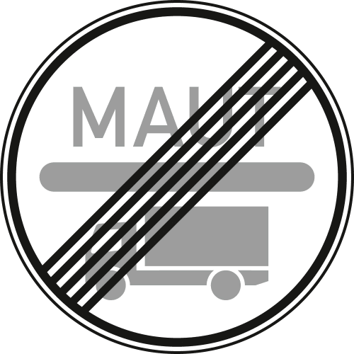 Verkehrszeichen Ende der Mautpflicht nach dem Bundesfernstraßenmautgesetz VZ 390.2 mit durchgestrichenem LKW-Symbol