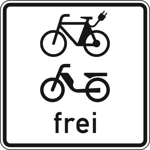 Verkehrsschild VZ 1022-15 mit Symbolen für E-Bikes und Mofas und dem Text frei