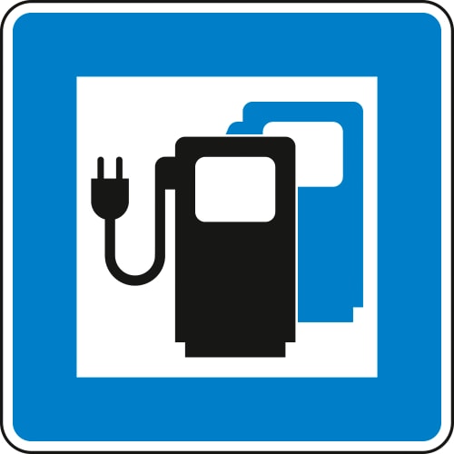 Verkehrsschild VZ 365-65 Ladestation für Elektrofahrzeuge mit Stecker-Symbol auf blauem Hintergrund
