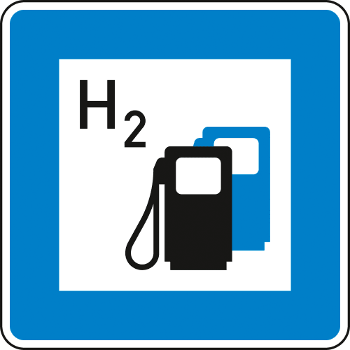 Verkehrsschild Wasserstofftankstelle VZ 365-66 mit H2 Symbol und Zapfsäule
