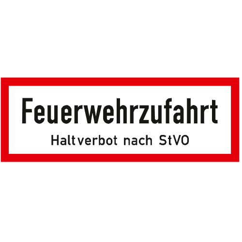 Feuerwehrzufahrt Schild mit Zusatztext Haltverbot nach StVO, roter Rahmen, weißer Hintergrund