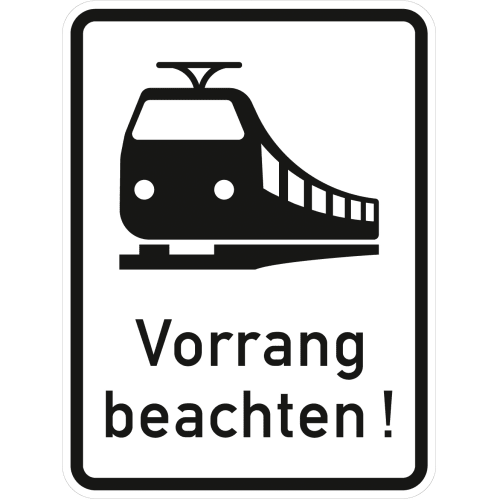 Verkehrsschild Schienenbahn Vorrang beachten mit Zug-Symbol und Text Vorrang beachten!