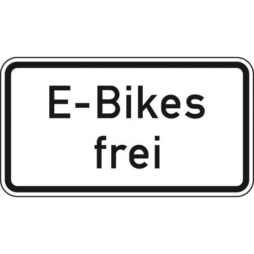 Verkehrsschild E-Bikes frei, rechteckiges weißes Schild mit schwarzem Rand und schwarzer Schrift