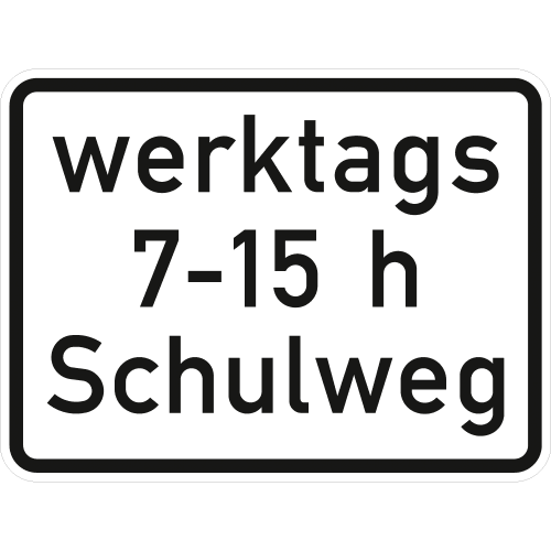 Verkehrsschild Schulweg mit zeitlicher Begrenzung an Werktagen von 7 bis 15 Uhr