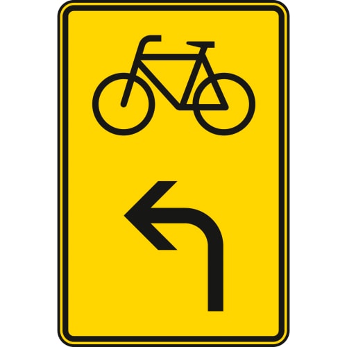 Vorwegweiser für Radverkehr linksweisend mit Fahrrad-Symbol und Linksabbiegepfeil auf gelbem Verkehrsschild