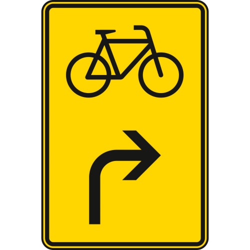 Vorwegweiser für Radverkehr rechtsweisend mit Fahrrad-Symbol und rechter Richtungspfeil auf gelbem Verkehrsschild