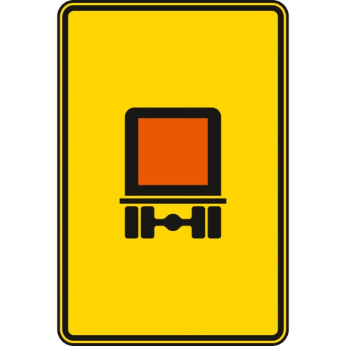 Verkehrsschild Vorwegweiser für kennzeichnungspflichtige Fahrzeuge mit gefährlichen Gütern ohne Pfeilsymbol, gelbes Schild mit schwarzem Rand und rotem Quadrat