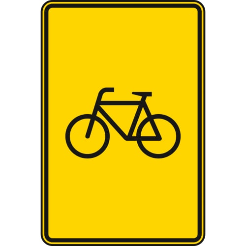 Vorwegweiser für Radverkehr ohne Pfeilsymbol, gelbes Verkehrsschild mit schwarzem Fahrrad-Symbol