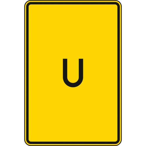 Gelbes Verkehrsschild mit schwarzem Rand und schwarzem Buchstaben U, Ankündigung oder Fortsetzung der Umleitung ohne Pfeilsymbol