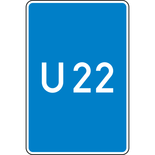 Blaues Verkehrsschild Bedarfsumleitung ohne Pfeilsymbol mit weißer Aufschrift U 22