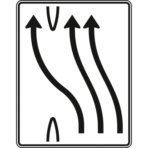 Überleitungstafel 3-streifig nach links mit 1 Fahrstreifen übergeleitet Verkehrszeichen VZ 501-14