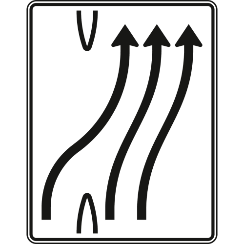 Überleitungstafel 3-streifig nach rechts mit 1 Fahrstreifen übergeleitet Verkehrszeichen VZ 501-24