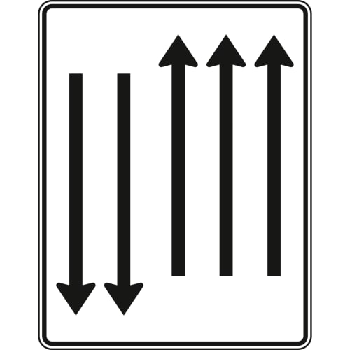 Fahrstreifentafel mit Gegenverkehr, 3-streifig in Fahrtrichtung und 2-streifig in Gegenrichtung, Verkehrszeichen VZ 522-34