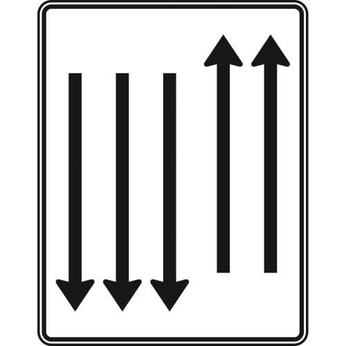 Fahrstreifentafel mit Gegenverkehr, 2-streifig in Fahrtrichtung und 3-streifig in Gegenrichtung, Verkehrszeichen VZ 522-35