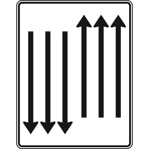 Fahrstreifentafel mit Gegenverkehr, 3-streifig in Fahrtrichtung und 3-streifig in Gegenrichtung, Verkehrszeichen VZ 522-36