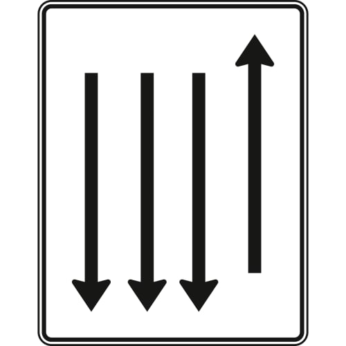 Fahrstreifentafel mit Gegenverkehr, 1-streifig in Fahrtrichtung und 3-streifig in Gegenrichtung, Verkehrszeichen VZ 522-38