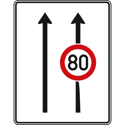 Fahrstreifentafel ohne Gegenverkehr, 2-streifig in Fahrtrichtung mit Geschwindigkeitsbegrenzung 80 km/h, Verkehrszeichen VZ 523-30